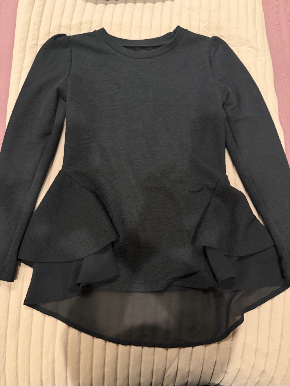 Women’s Long-Sleeve Black Peplum Blouse with Sheer Hi-Low Hem
